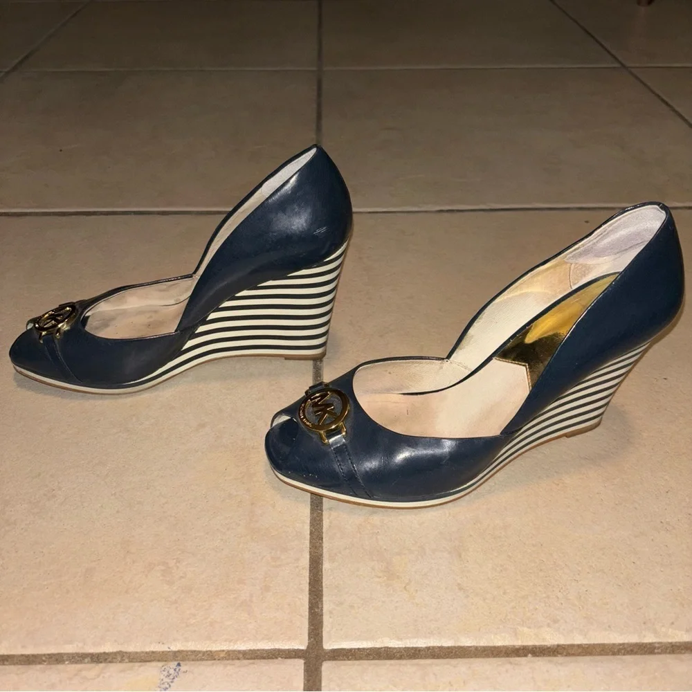 Michael Kors Rochelle Navy Blue Leather Peep Toe Striped Wedge Heel